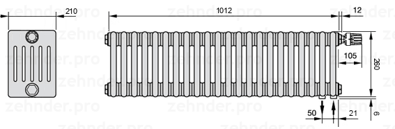 Схема (чертеж) Радиатор Zehnder Charleston 6026/22 №V002 Белый глянцевый RAL 9016